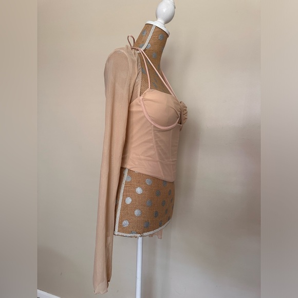 PARTHEA Tie Back Split Cuff Ruched Mesh Corset Top Khaki - Picture 3 of 10